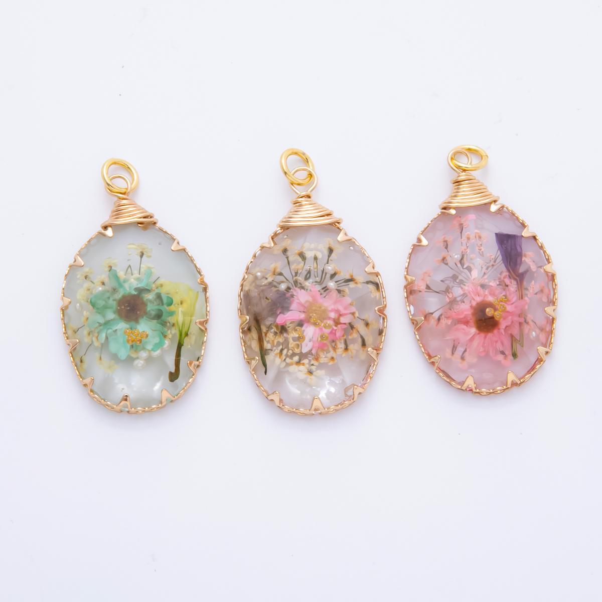 18K Gold Filled 34mm Resin Oval Dreamy Flower Charm | AH854 AH855