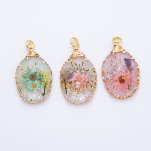 18K Gold Filled 34mm Resin Oval Dreamy Flower Charm | AH854 AH855