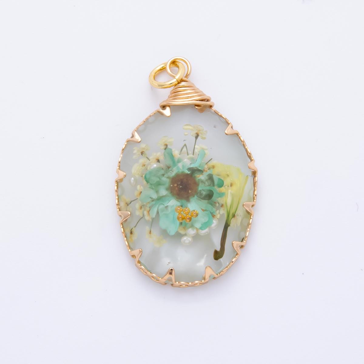 18K Gold Filled 34mm Resin Oval Dreamy Flower Charm | AH854 AH855