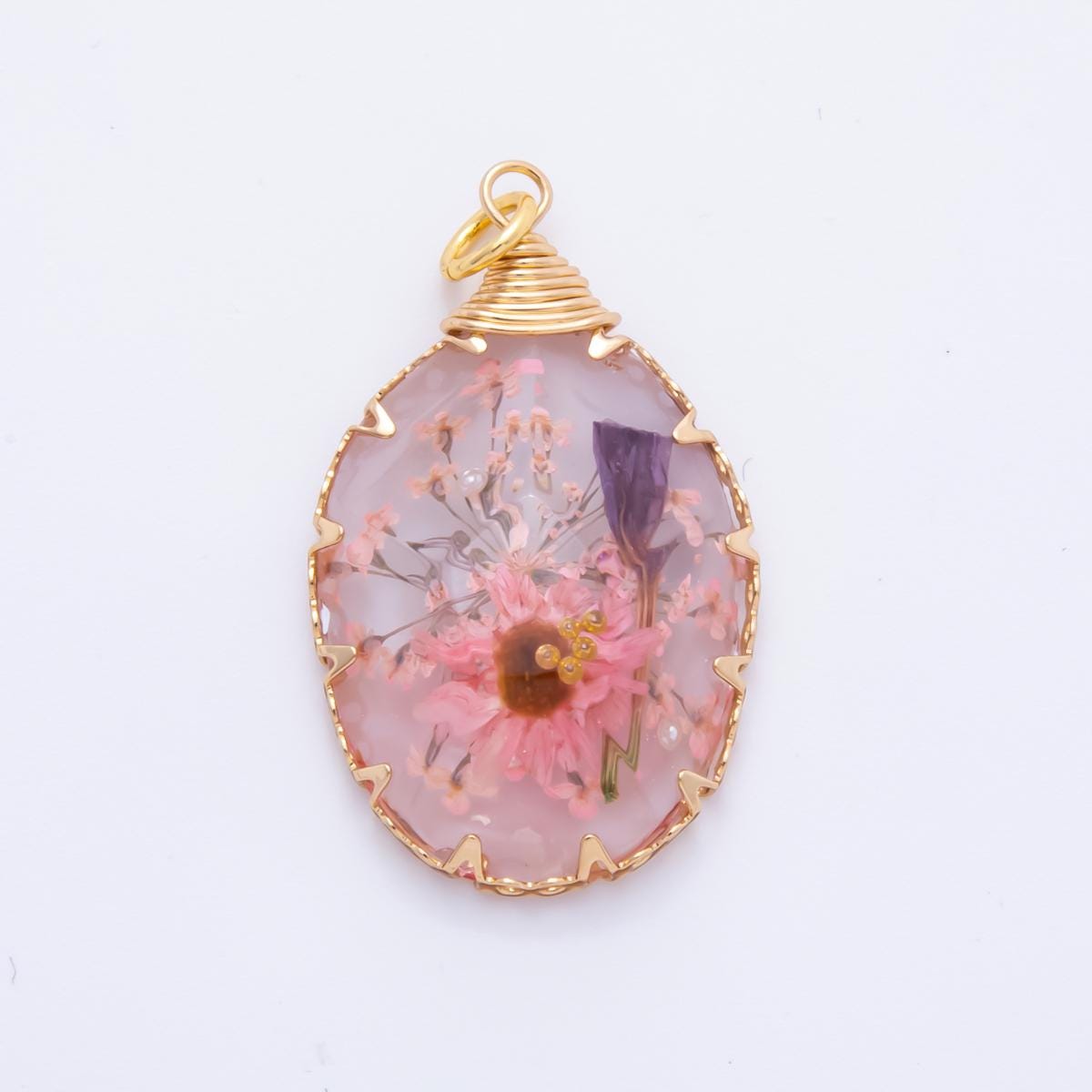 18K Gold Filled 34mm Resin Oval Dreamy Flower Charm | AH854 AH855