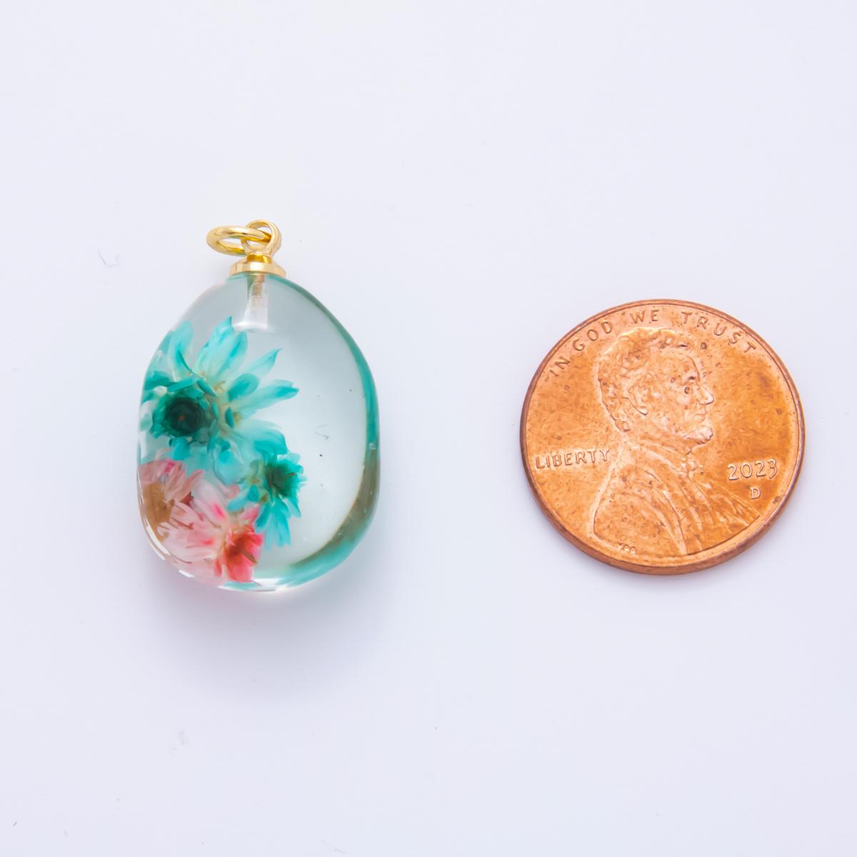 18K Gold Filled 28mm Resin Pebble Ocean Bloom Flower Charm | AH858 AH859