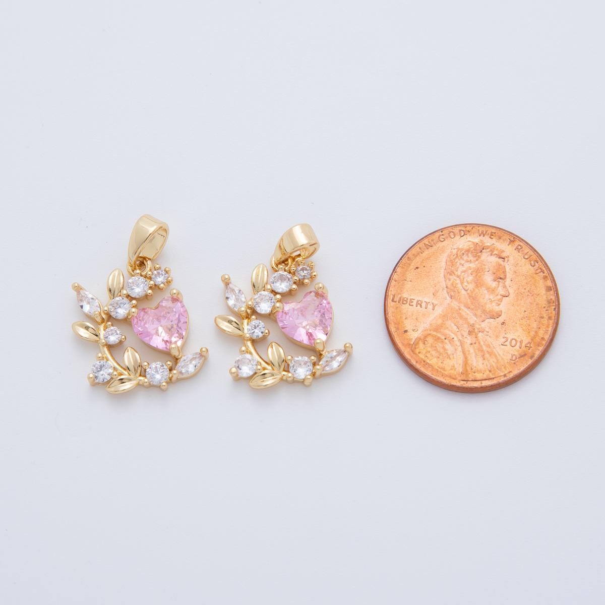 18K Gold Filled Pink CZ Heart Curved Floral Pendant | AH773