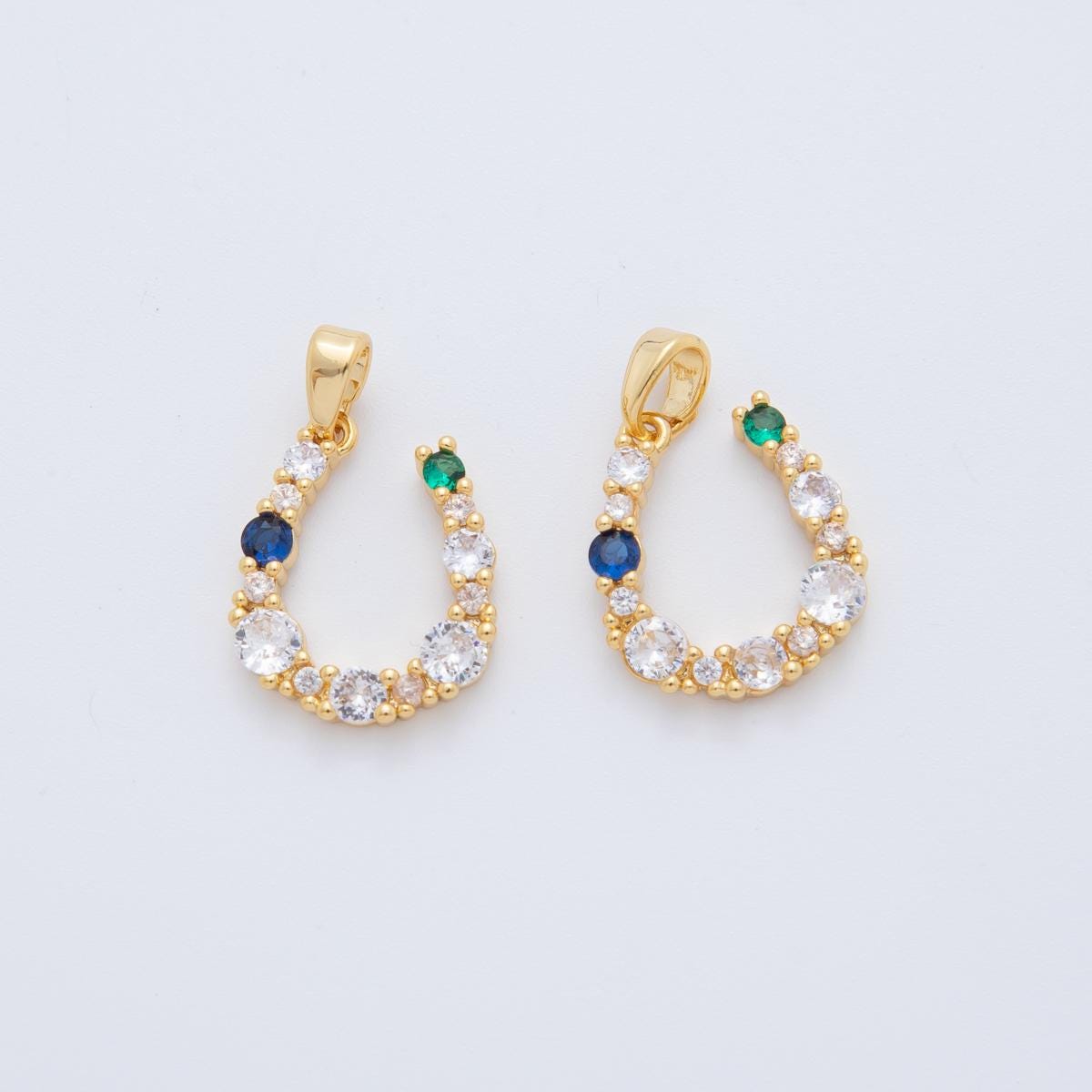 18K Gold Filled Blue-Green Clear CZ Cluster Horseshoe Pendant | AH774