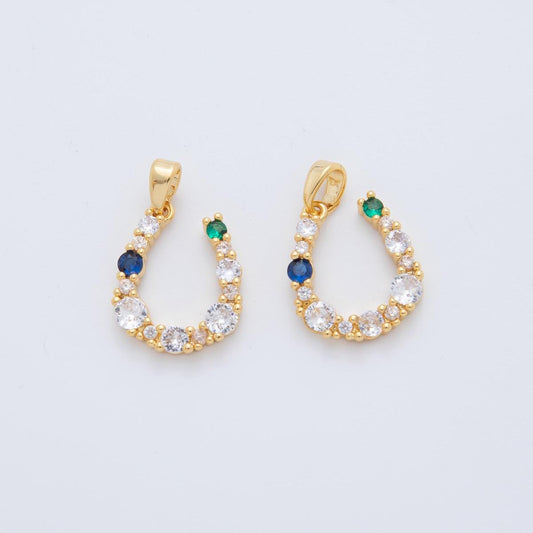 18K Gold Filled Blue-Green Clear CZ Cluster Horseshoe Pendant | AH774