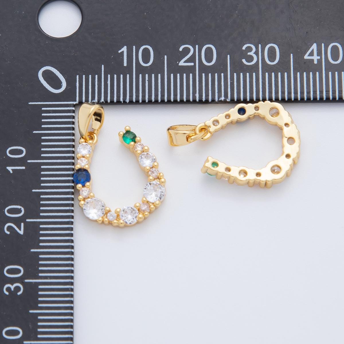 18K Gold Filled Blue-Green Clear CZ Cluster Horseshoe Pendant | AH774