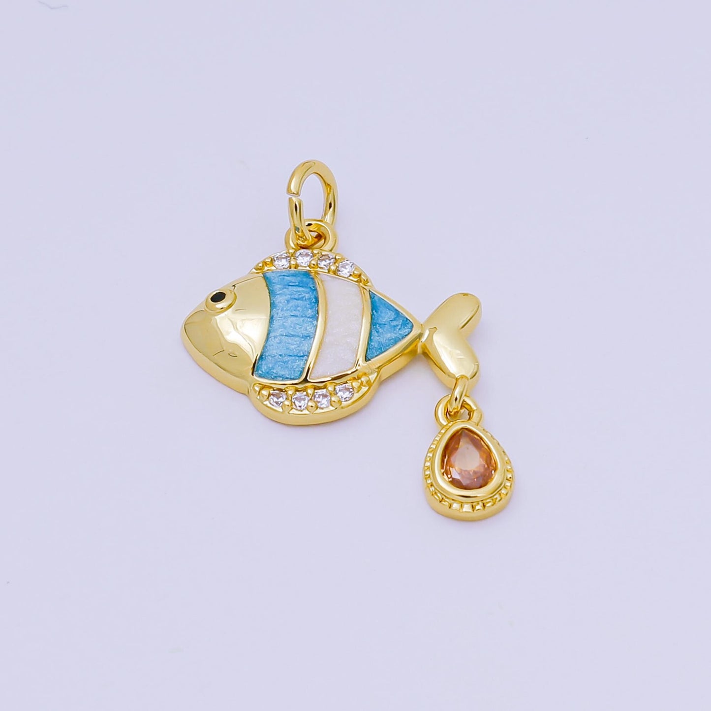 Dainty Gold Fish Pendant, 24K Gold Filled Blue Enamel Colored Micro Pave CZ Stone Fish Charm, Sea Life Animals Charm | AJ-393