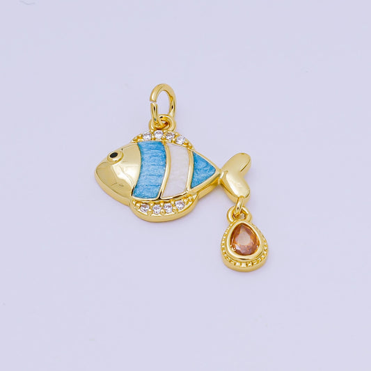 Dainty Gold Fish Pendant, 24K Gold Filled Blue Enamel Colored Micro Pave CZ Stone Fish Charm, Sea Life Animals Charm | AJ-393