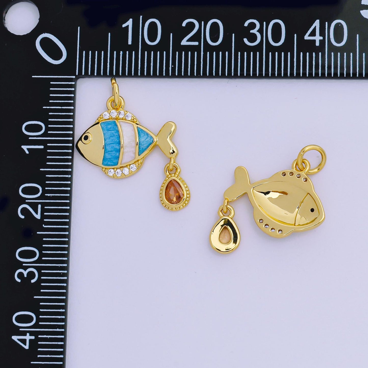 Dainty Gold Fish Pendant, 24K Gold Filled Blue Enamel Colored Micro Pave CZ Stone Fish Charm, Sea Life Animals Charm | AJ-393