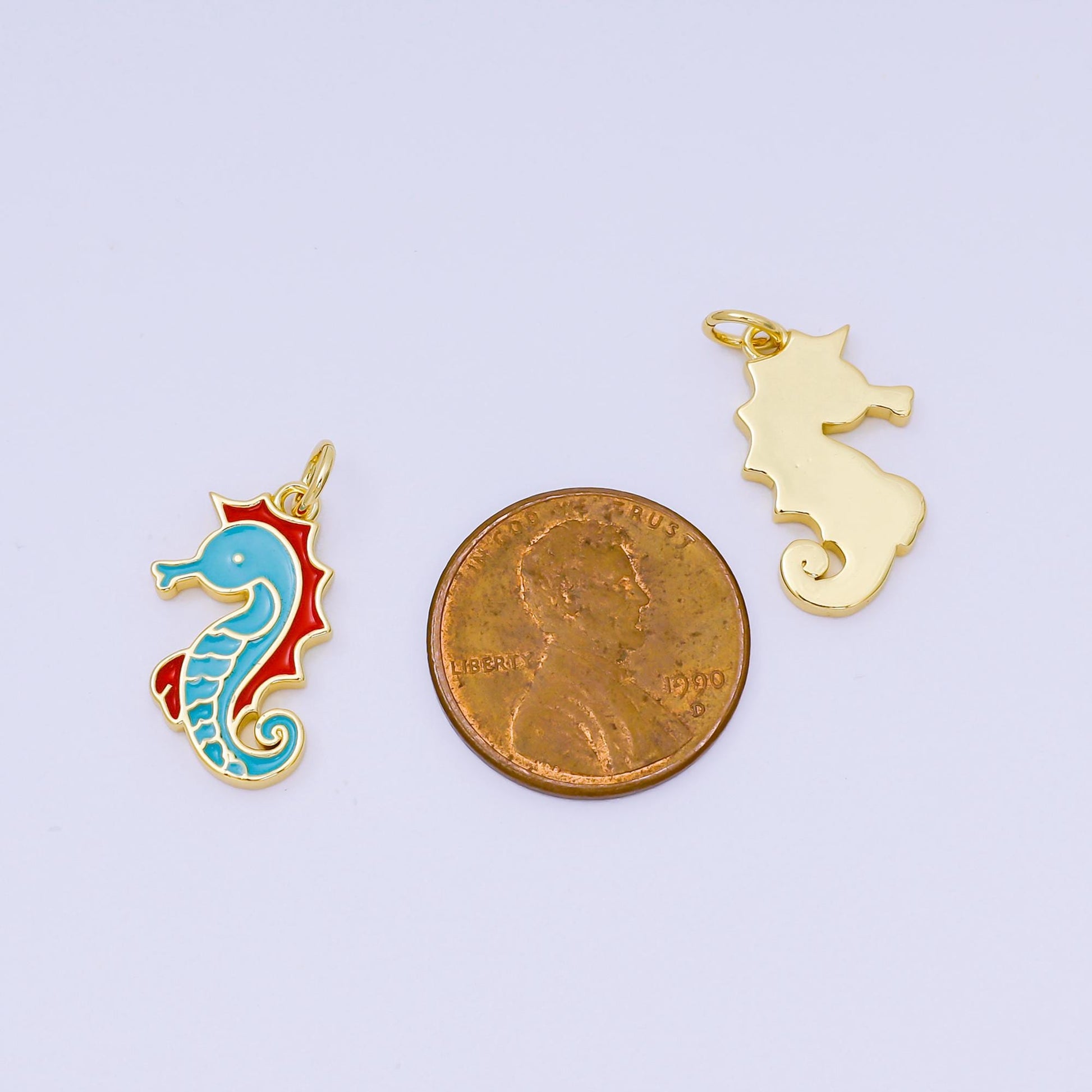 Dainty Gold Sea Horse Pendant, 24K Gold Filled Blue Enamel Colored Under The Sea Life Animals Charm | AJ-389