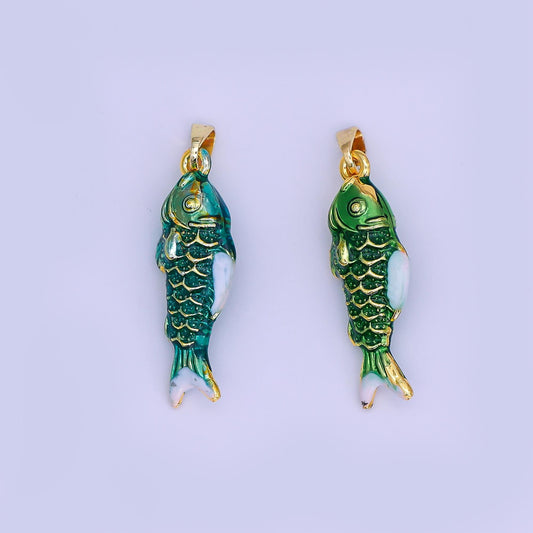 Mini Enamel Green fish Charms 24K Gold Filled fish Pendant, fish Charm Bracelet Necklace for DIY Jewelry Making Supply AH-494
