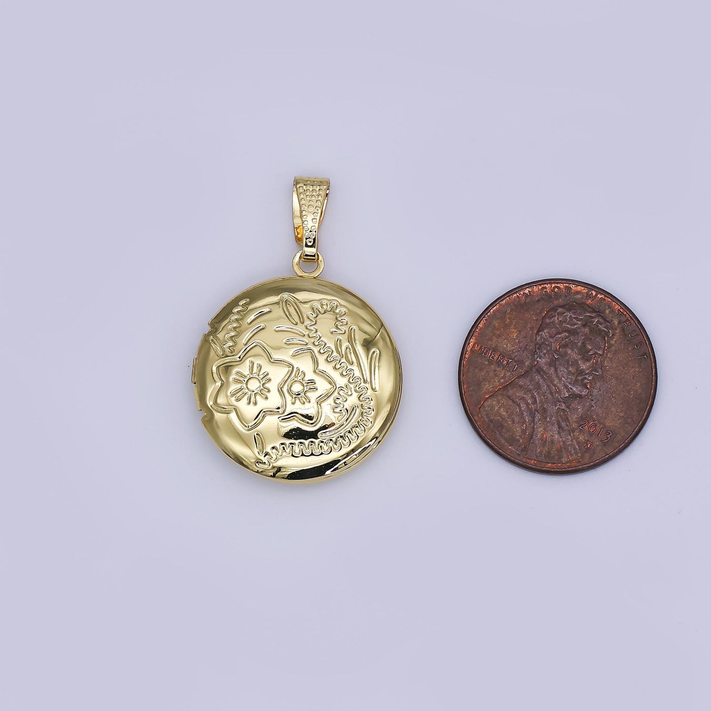 14k gold filled engraved Round floral flower locket pendant in gold AH-485