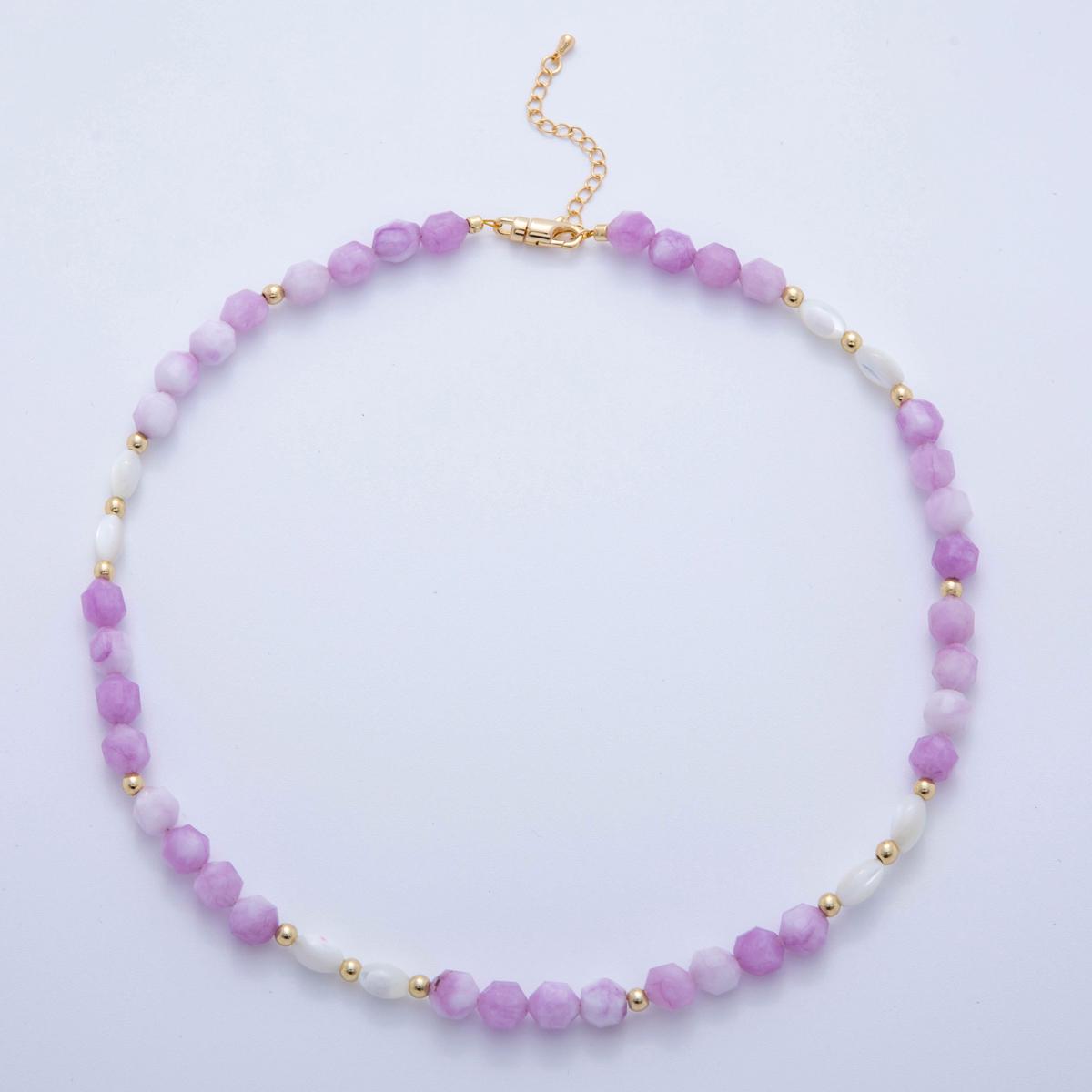 Handmade Lavender Stone Beads 18K Gold Filled Shell Pearl Gemstone Cluster Beaded Necklace | WA-092