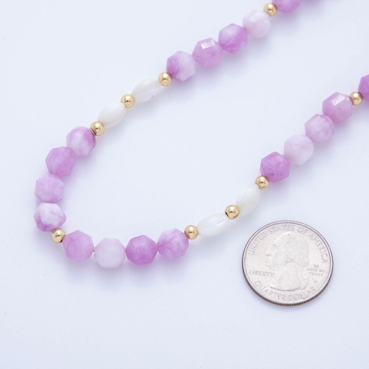 Handmade Lavender Stone Beads 18K Gold Filled Shell Pearl Gemstone Cluster Beaded Necklace | WA-092