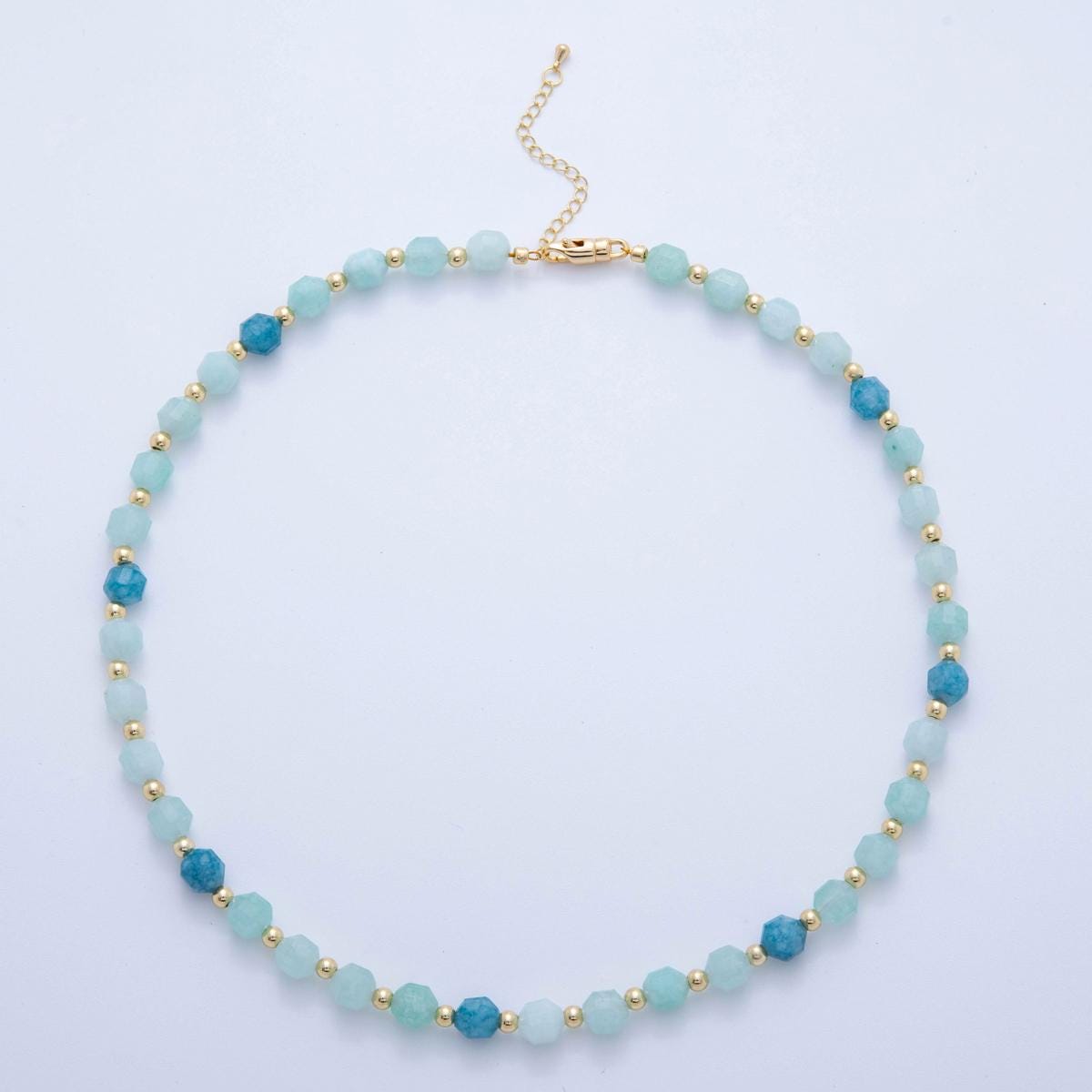 Handcrafted Aqua Blue Stone Beads 18K Gold Filled Shell Pearl Gemstone Cluster Beaded Necklace 17.72 Inch long | WA-332