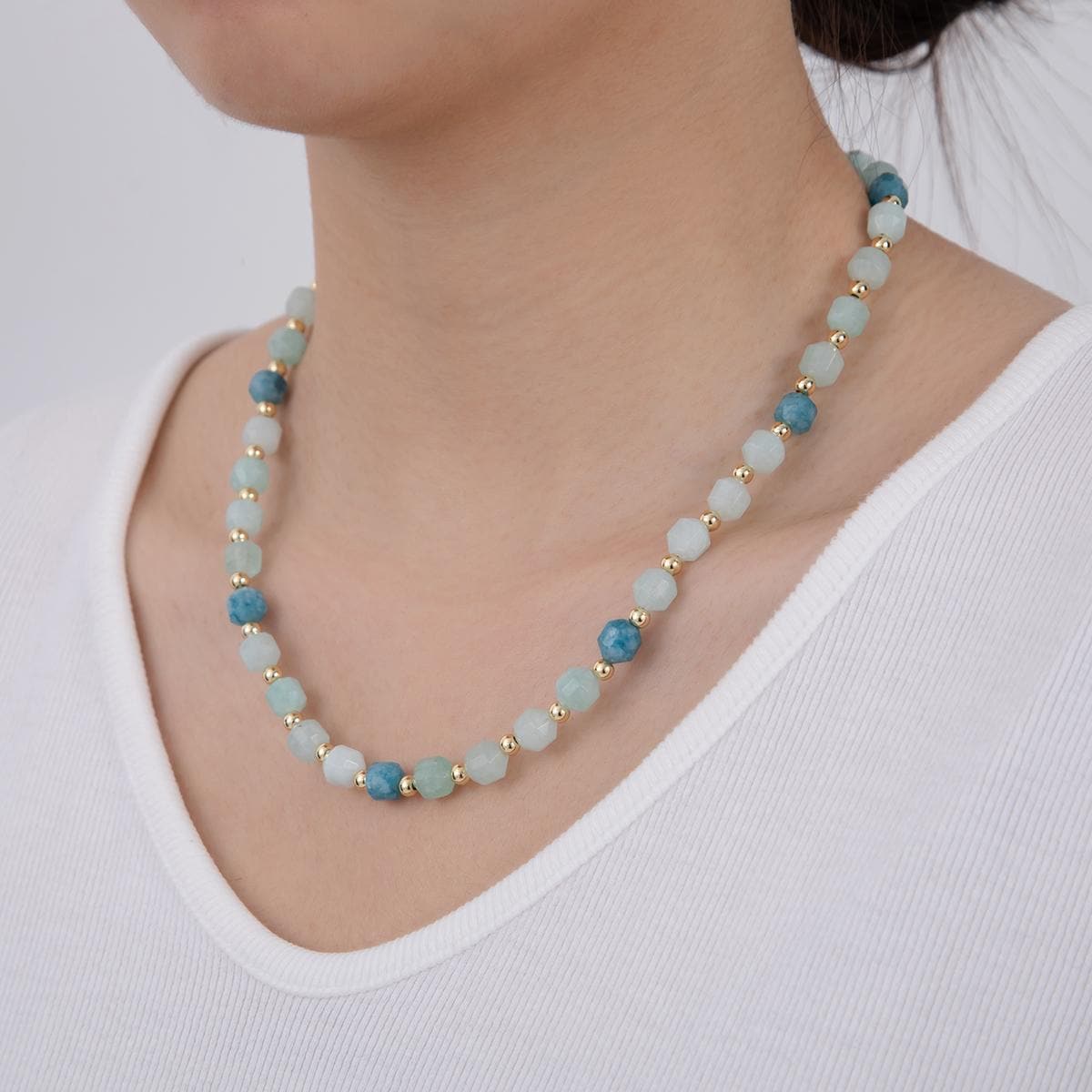 Handcrafted Aqua Blue Stone Beads 18K Gold Filled Shell Pearl Gemstone Cluster Beaded Necklace 17.72 Inch long | WA-332