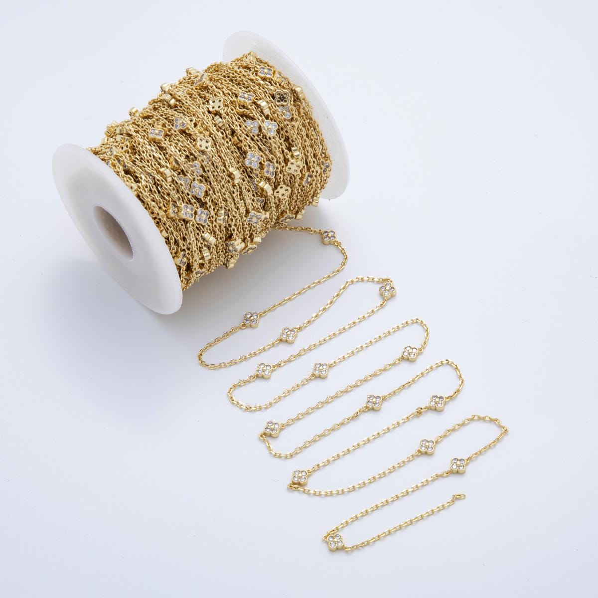 24K Gold fill Dainty Clear CZ Four-Leaf Lucky Clover Chain by Yard Wholesale Gold Chain Clover Bezel Cut Chain for Jewelry Making | ROLL1617