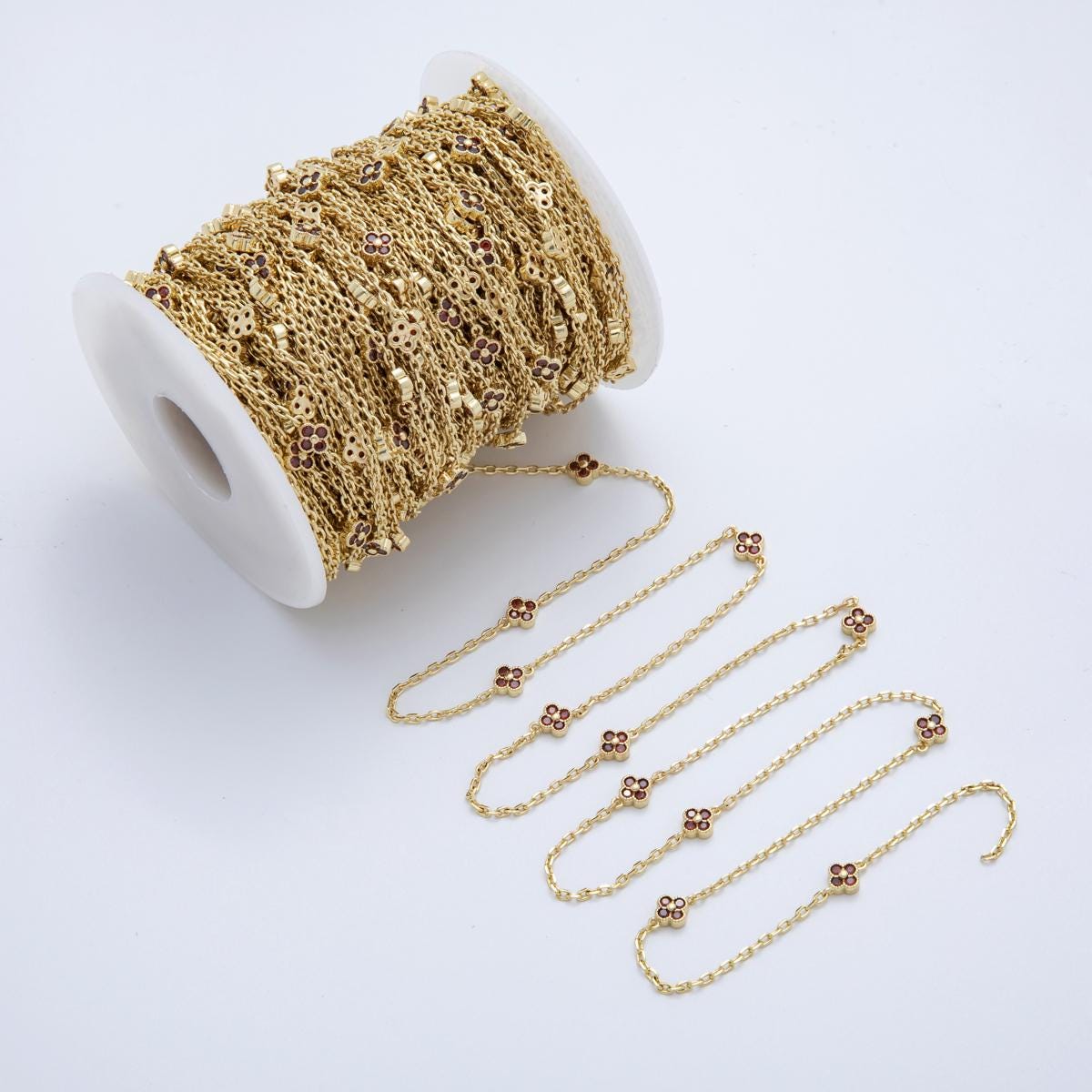 24K Gold fill Dainty red CZ Four-Leaf Lucky Clover Chain by Yard Wholesale Gold Chain Clover Bezel Cut Chain for Jewelry Making | ROLL1619