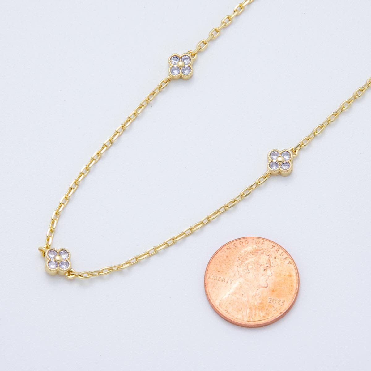 24K Gold fill Dainty Purple CZ Four Leaf Lucky Clover Chain by Yard Wholesale Gold Chain Clover Cable Chain for Jewelry Making | ROLL1620