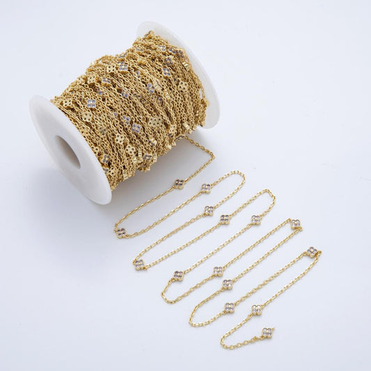 24K Gold fill Dainty Purple CZ Four Leaf Lucky Clover Chain by Yard Wholesale Gold Chain Clover Cable Chain for Jewelry Making | ROLL1620