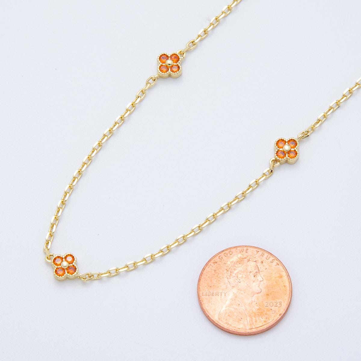 24K Gold fill Dainty Orange CZ Four Leaf Lucky Clover Chain by Yard Wholesale Gold Chain Clover Cable Chain for Jewelry Making | ROLL1621