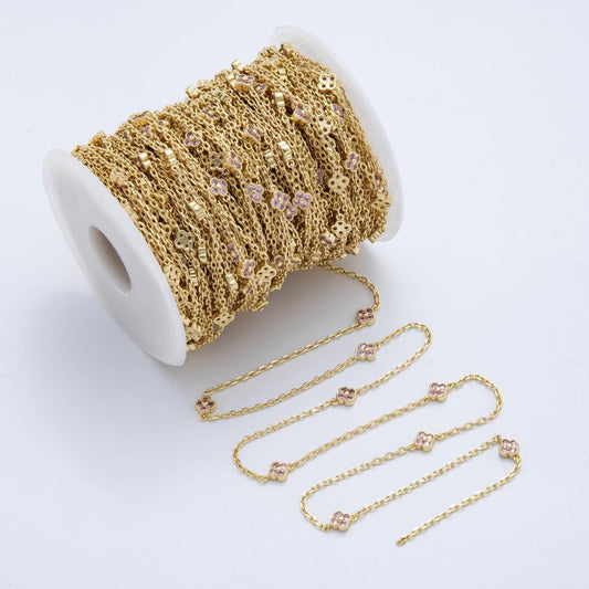 24K Gold fill Dainty PINK CZ Four Leaf Lucky Clover Chain by Yard Wholesale Gold Chain Clover Cable Chain for Jewelry Making | ROLL1622