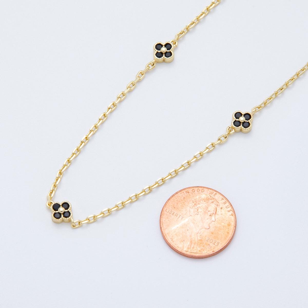 24K Gold fill Dainty Black CZ Four Leaf Lucky Clover Chain by Yard Wholesale Gold Chain Clover Cable Chain for Jewelry Making | ROLL1623