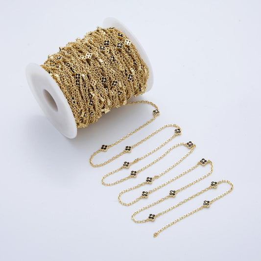 24K Gold fill Dainty Black CZ Four Leaf Lucky Clover Chain by Yard Wholesale Gold Chain Clover Cable Chain for Jewelry Making | ROLL1623
