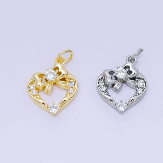 Gold Heart Charm Micro Pave Bow Charm Silver Cubic Charms, CZ Gold Cute Charm, Dainty Minimalist Jewelry Supply AJ-472