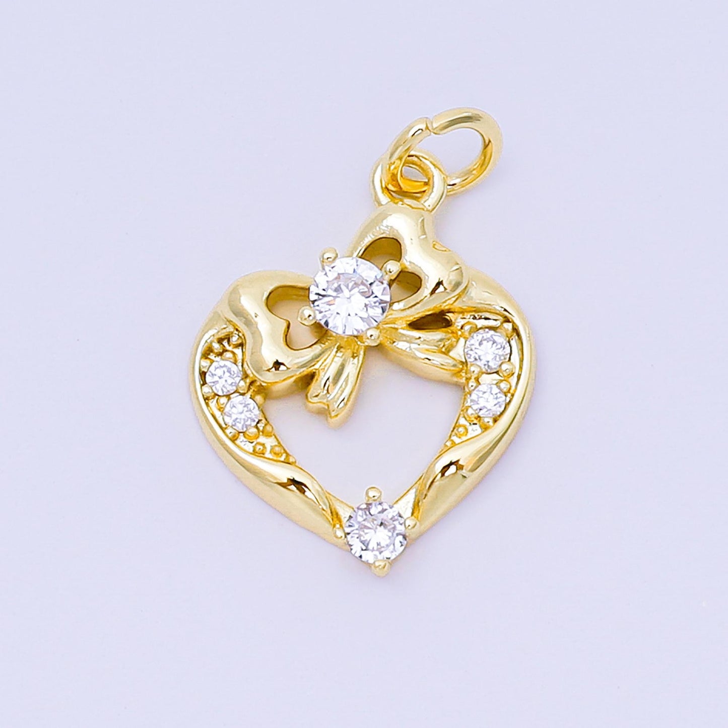 Gold Heart Charm Micro Pave Bow Charm Silver Cubic Charms, CZ Gold Cute Charm, Dainty Minimalist Jewelry Supply AJ-472
