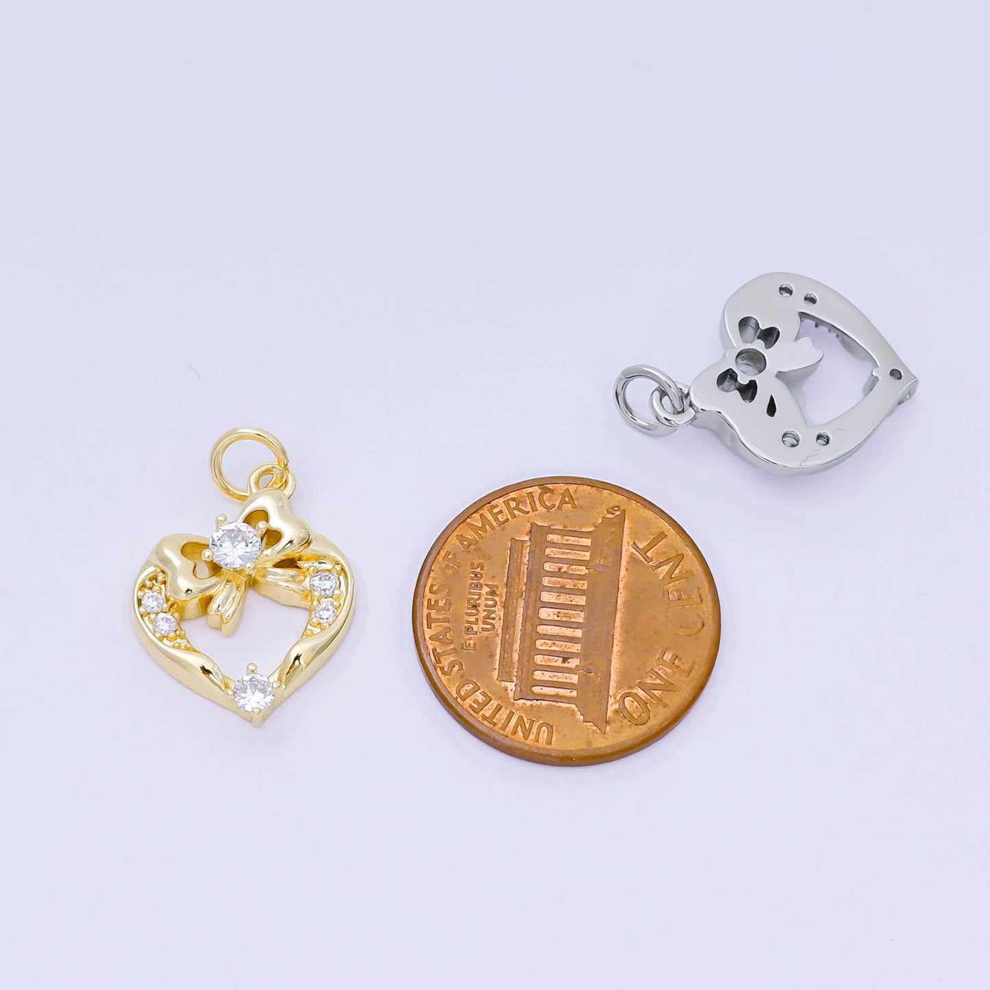 Gold Heart Charm Micro Pave Bow Charm Silver Cubic Charms, CZ Gold Cute Charm, Dainty Minimalist Jewelry Supply AJ-472