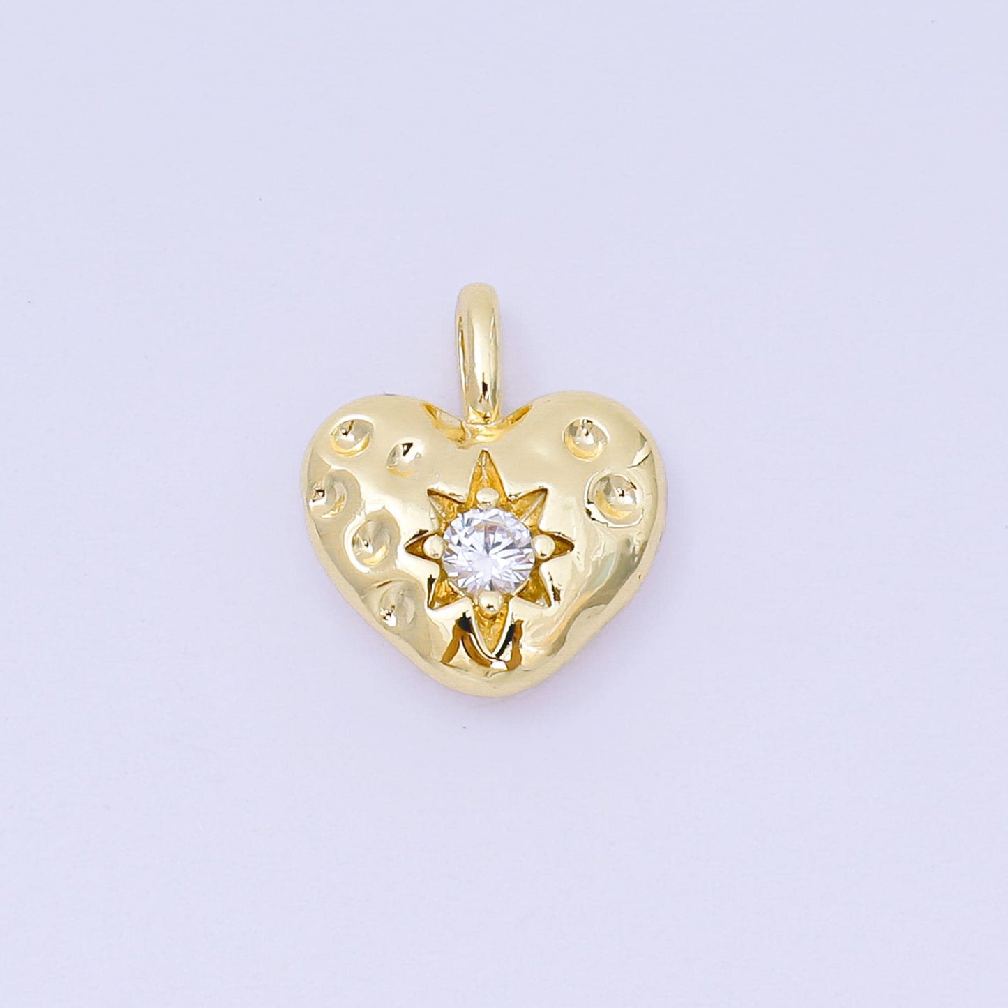 Dainty Puffy Gold Heart Charm with CZ Star On Heart Shape Pendant 24K Gold Filled charm AH-516
