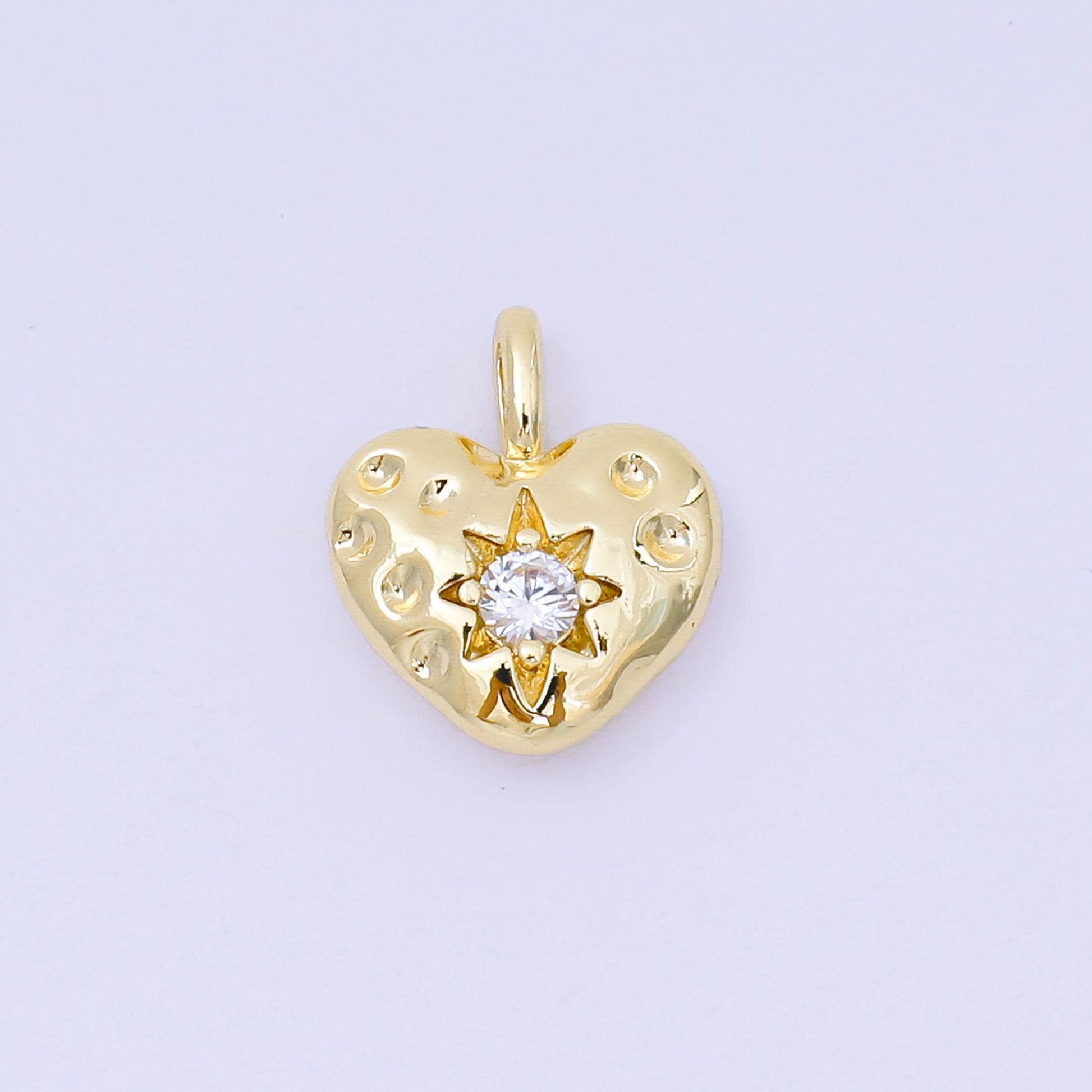 Dainty Puffy Gold Heart Charm with CZ Star On Heart Shape Pendant 24K Gold Filled charm AH-516