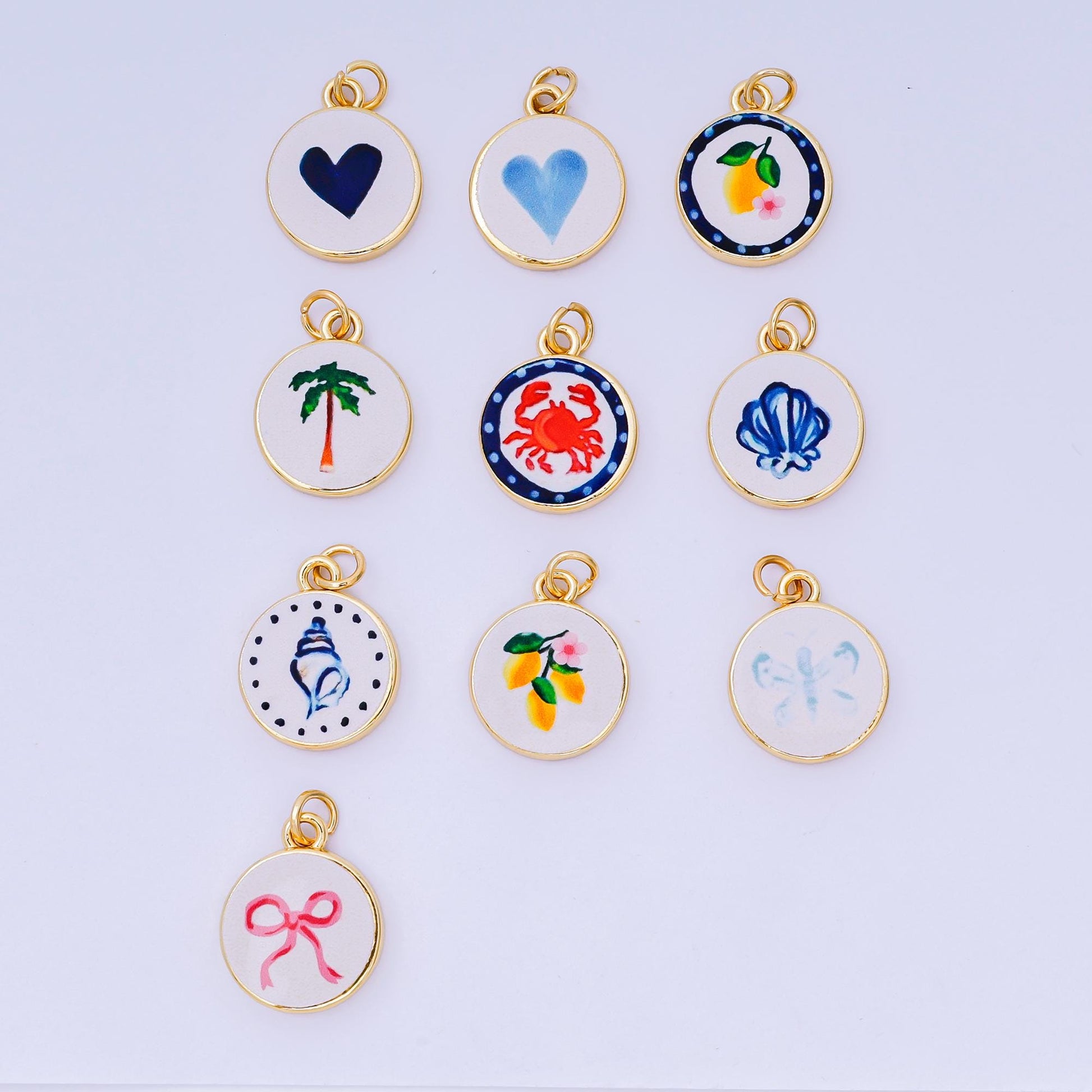 Double Sided Gold Filled Enamel Charms Hand Painted Round Pendant Charms with Hearts, Crab, Shell, Palm Tree, Bow & Fruit Design AJ-515