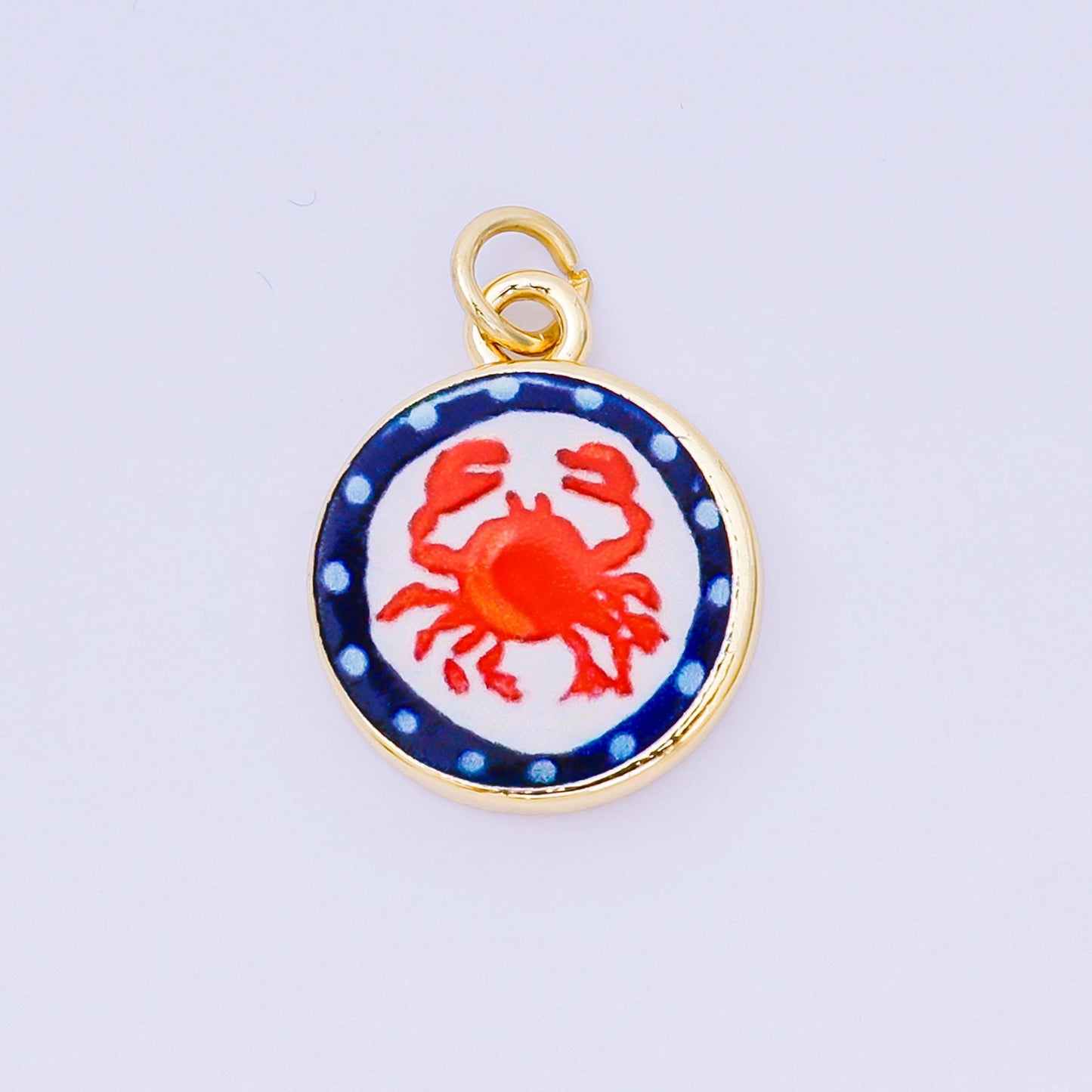 Double Sided Gold Filled Enamel Charms Hand Painted Round Pendant Charms with Hearts, Crab, Shell, Palm Tree, Bow & Fruit Design AJ-515