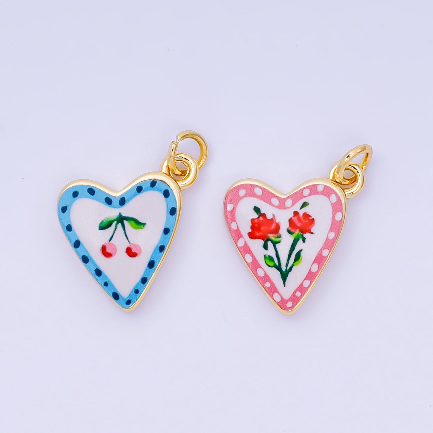 Heart Charms – Hand Painted Enamel Heart Pendants with Cherry & Rose Design, Italian Folk Art Inspired Jewelry Making Supplies AJ-516