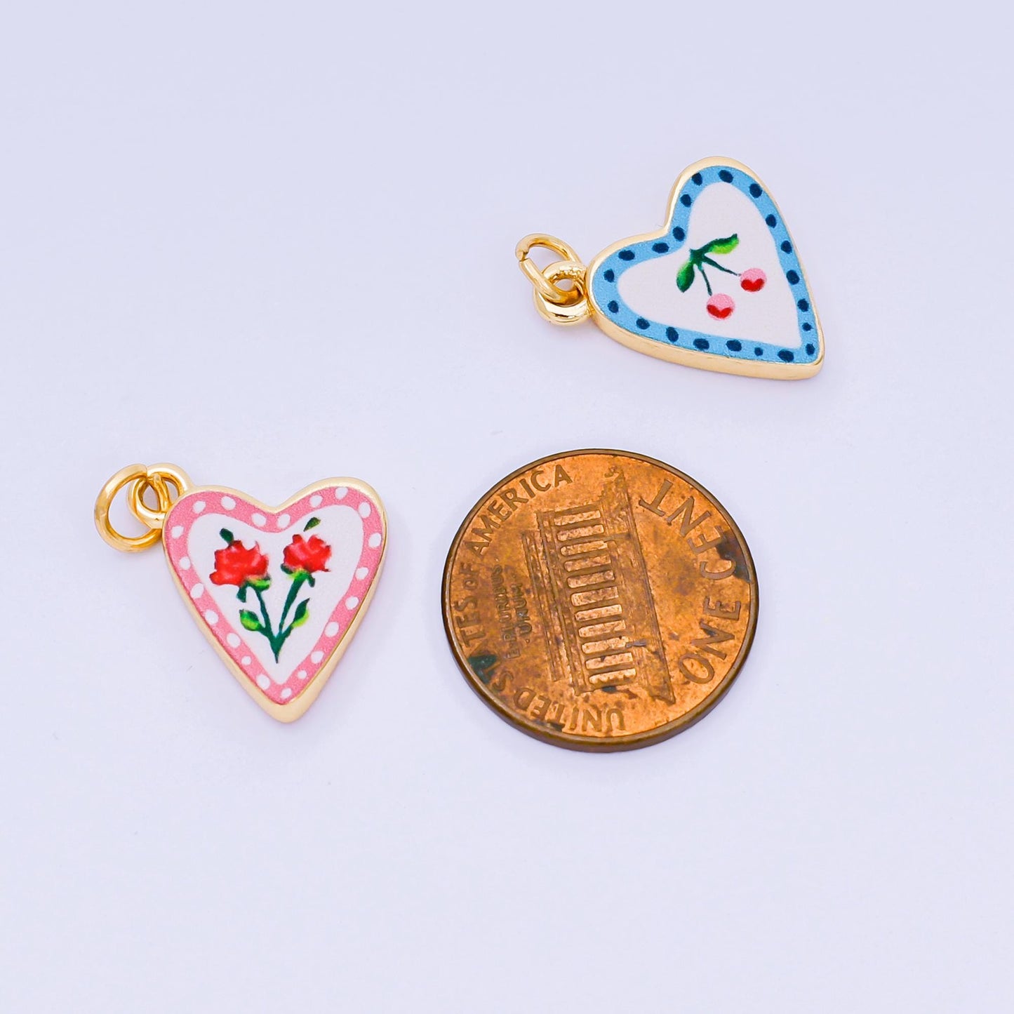 Heart Charms – Hand Painted Enamel Heart Pendants with Cherry & Rose Design, Italian Folk Art Inspired Jewelry Making Supplies AJ-516