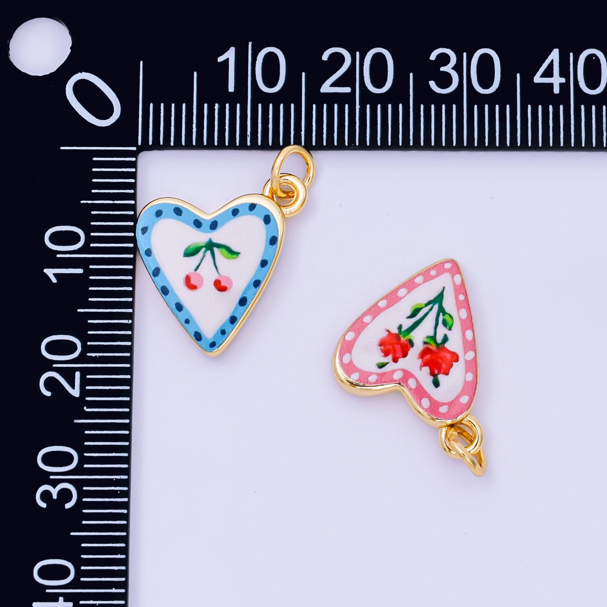 Heart Charms – Hand Painted Enamel Heart Pendants with Cherry & Rose Design, Italian Folk Art Inspired Jewelry Making Supplies AJ-516