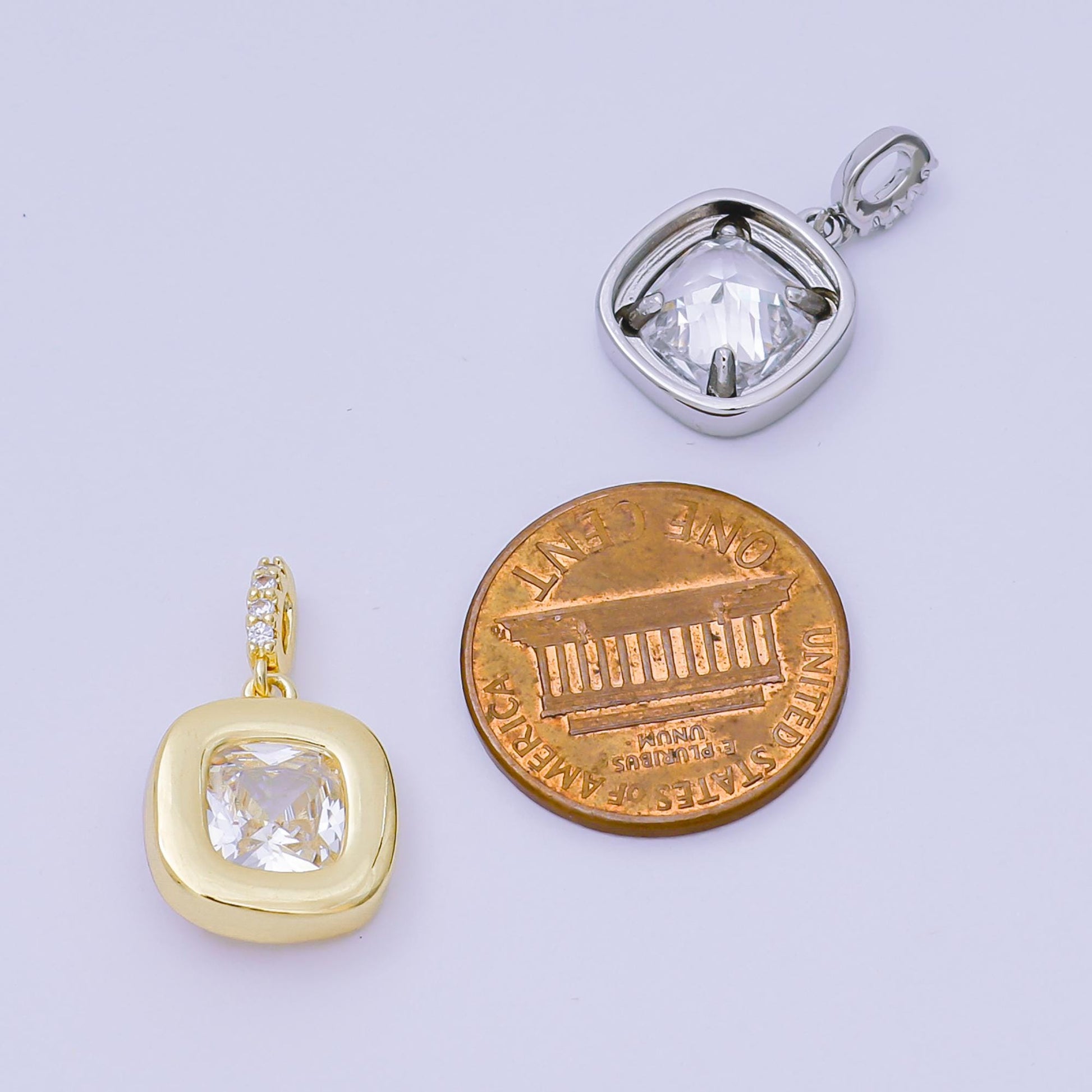 Gold & Silver Cushion Cut Crystal Charms – Square Pendant with CZ Accents, Modern Elegant Jewelry Making Supplies AH-527
