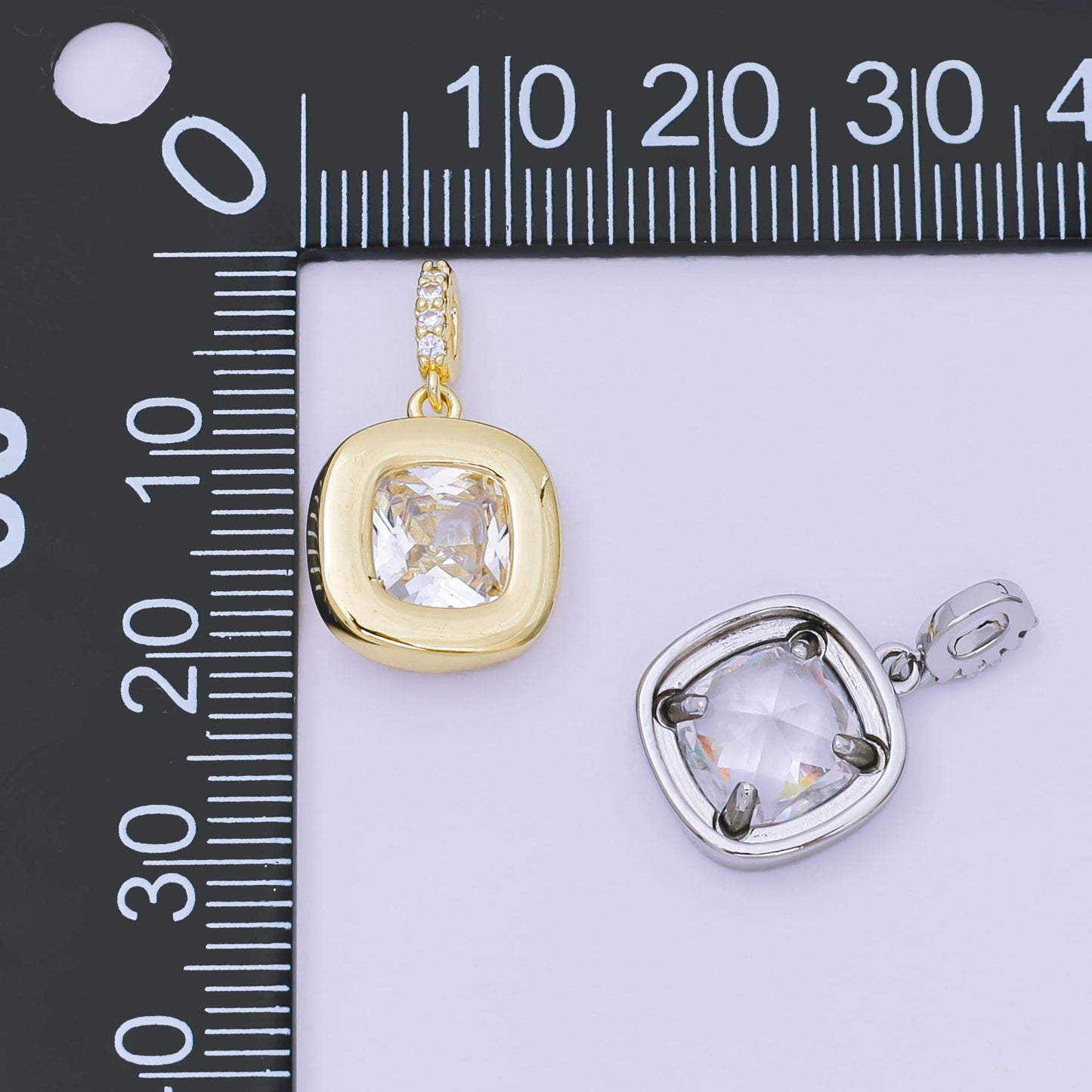 Gold & Silver Cushion Cut Crystal Charms – Square Pendant with CZ Accents, Modern Elegant Jewelry Making Supplies AH-527