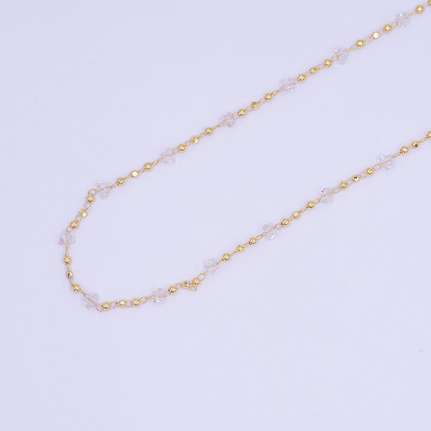 24K Gold Filled Clear Crystal Beaded Chain Link Unfinished Chain by Yard | Roll-1657