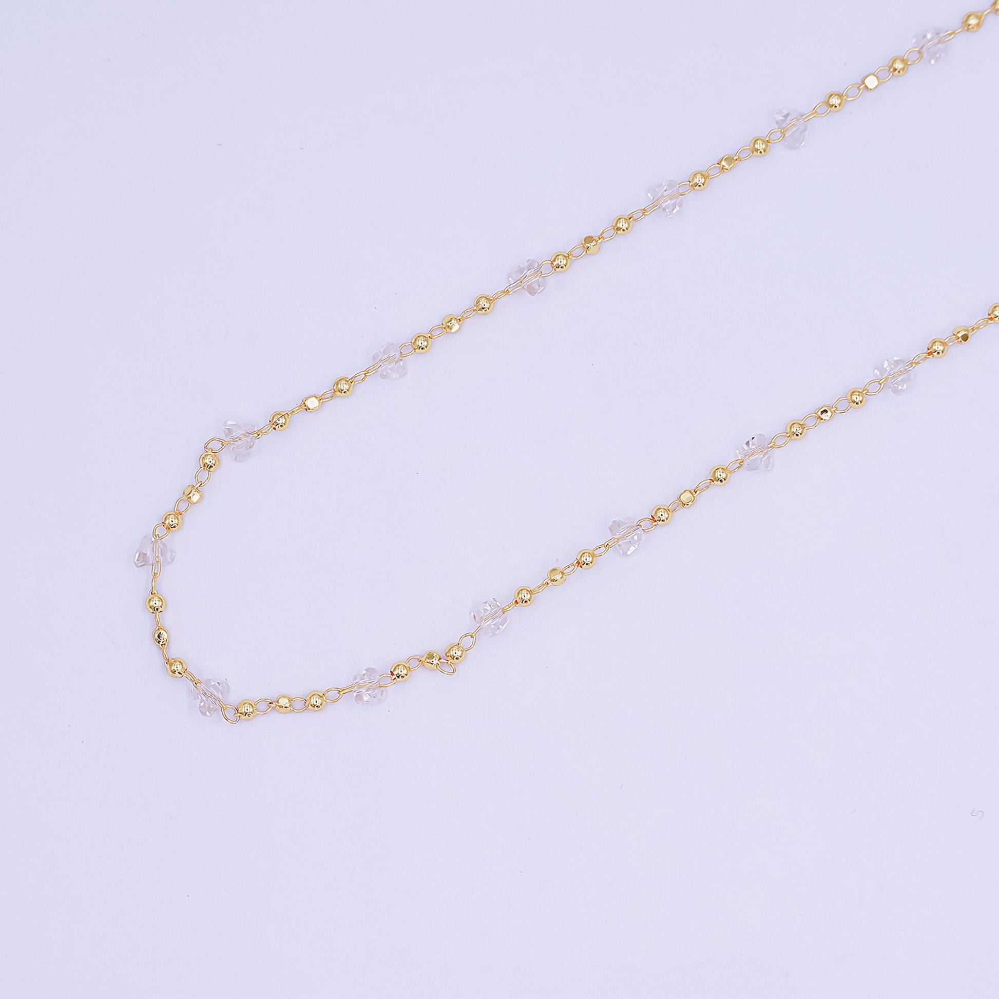 24K Gold Filled Clear Crystal Beaded Chain Link Unfinished Chain by Yard | Roll-1657