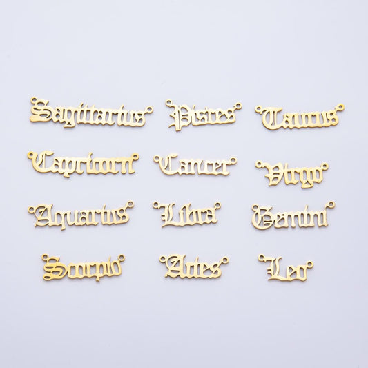 PVD Gold Stainless Steel English font astrology zodiac charms connector for necklace bracelet link, personalized jewelry wholesale A-1341