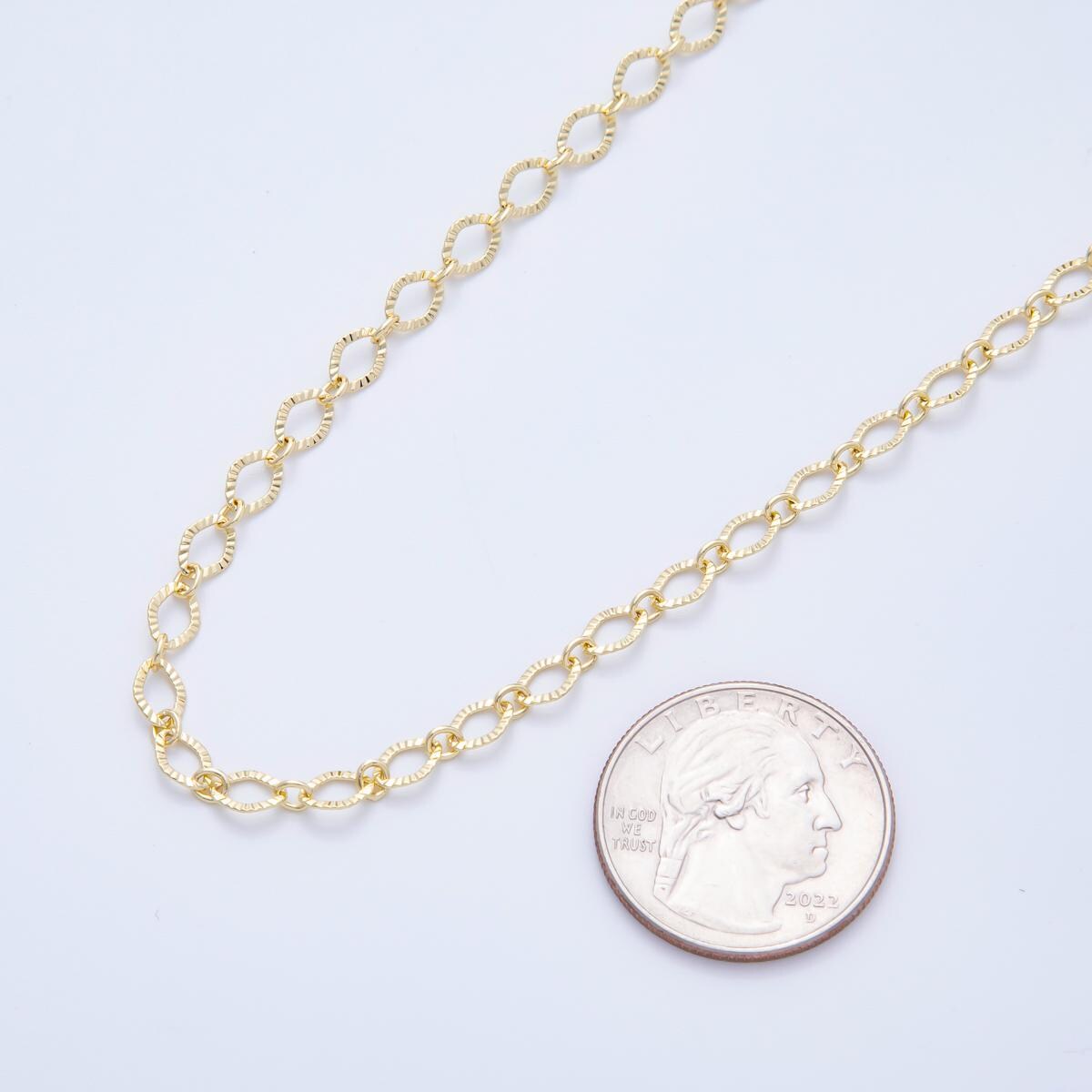 Dainty Gold Oval Rolo Chain by Yard, Sunburst Stamp Oval Link, Wholesale bulk Roll Chain for Jewelry Making ROLL-1698