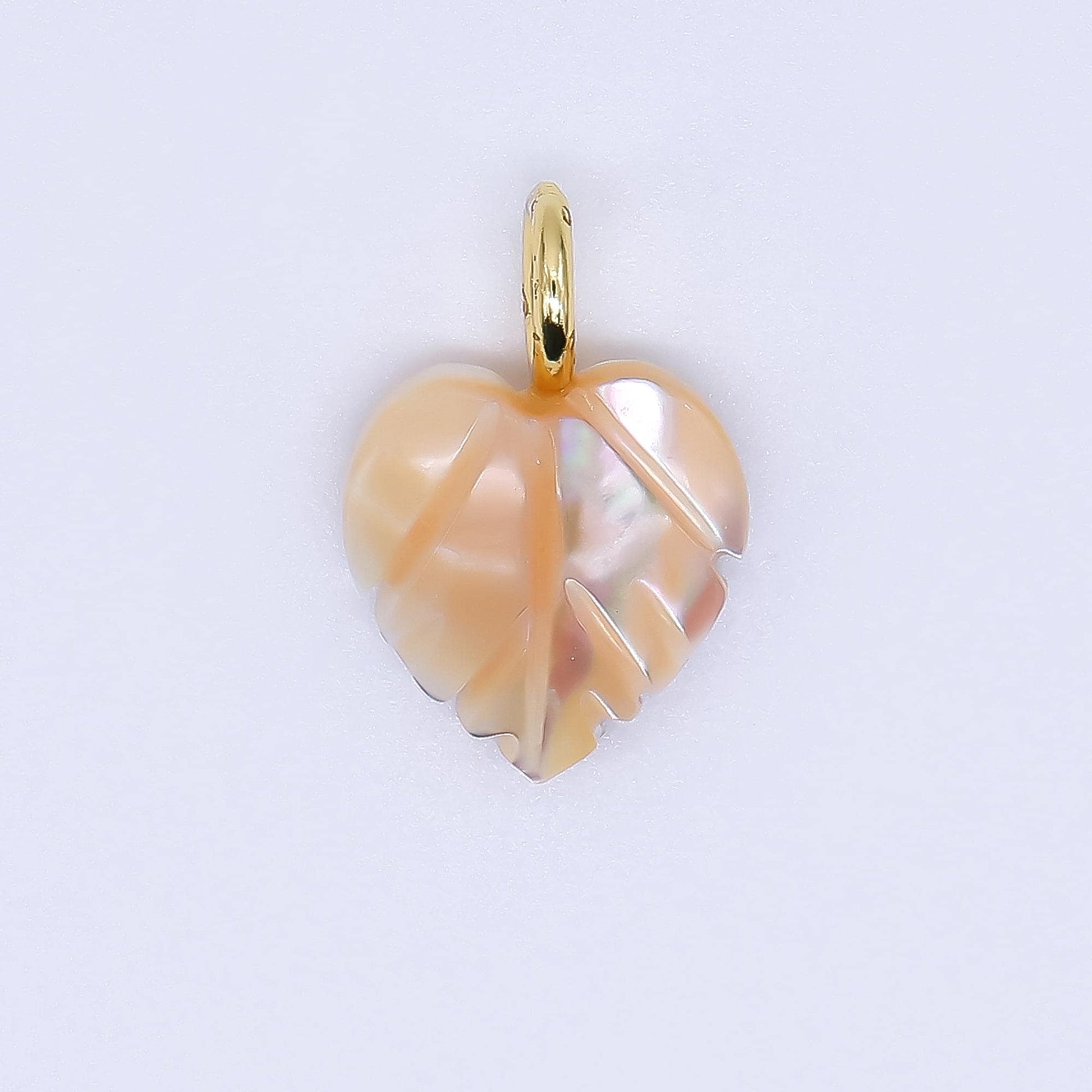 Fall Inspired 24k gold filled 18mm shell pearl heart nature monstera leaf pendant Champagne Pearl Mauve Charm | AF-555