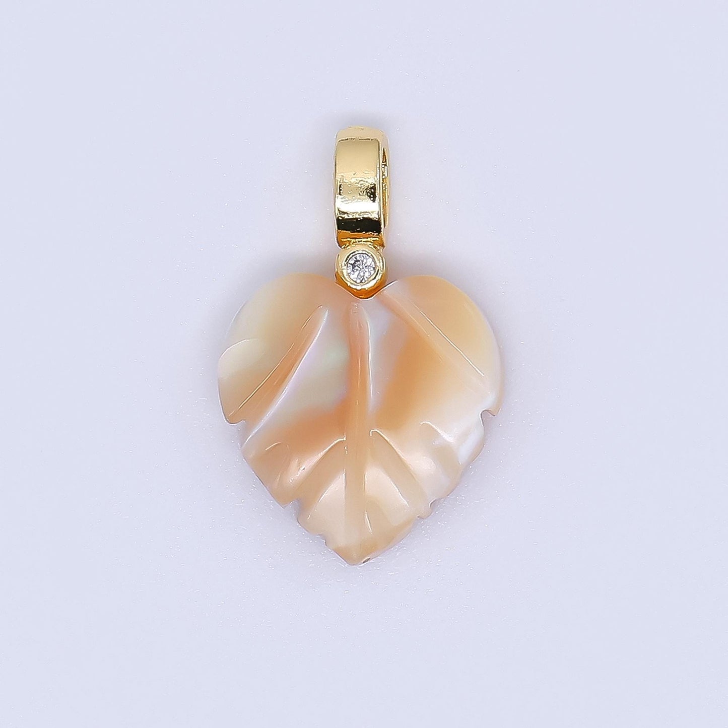 Fall Inspired 24k gold filled 18mm shell pearl heart nature monstera leaf pendant Champagne Pearl Mauve Charm | AF-555