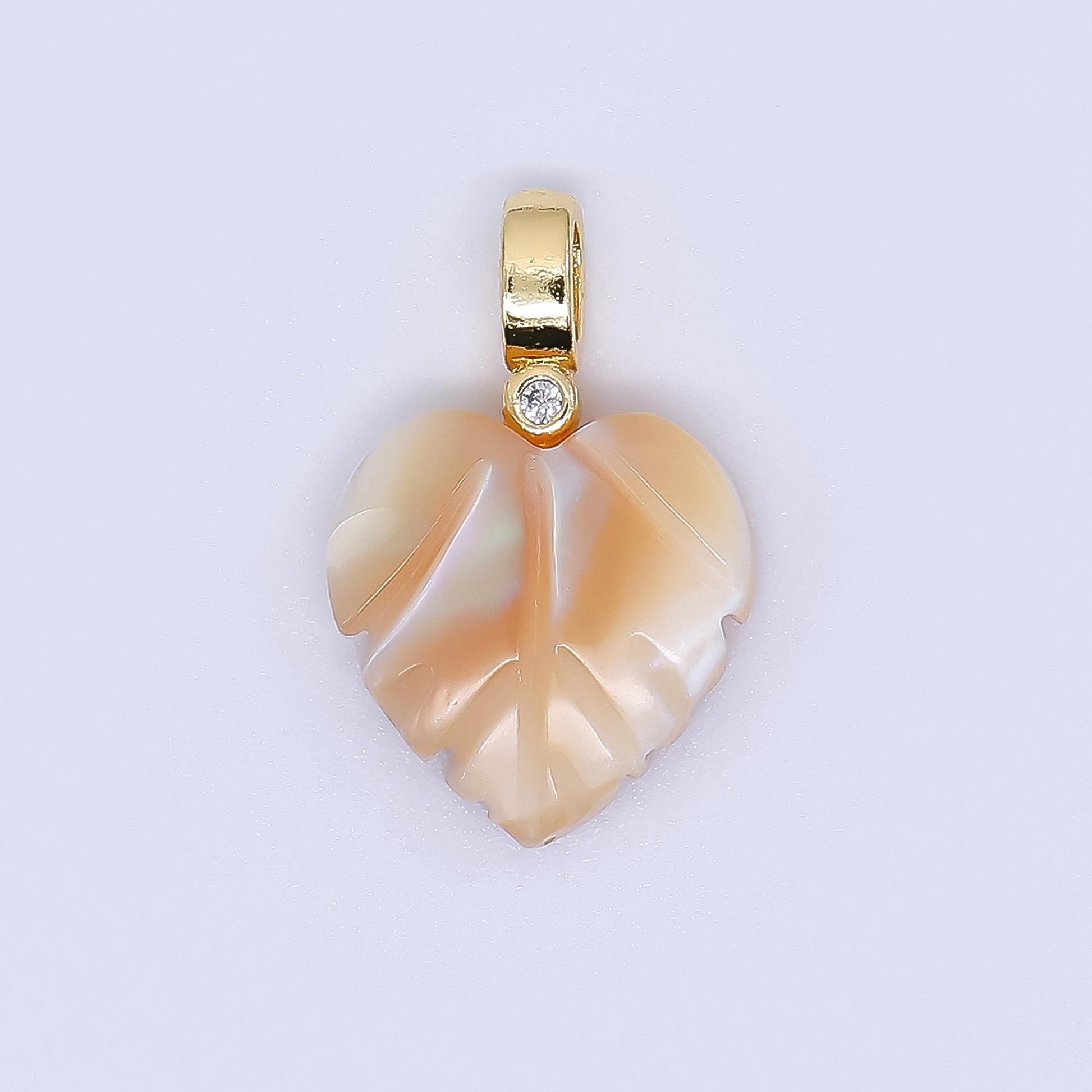 Fall Inspired 24k gold filled 18mm shell pearl heart nature monstera leaf pendant Champagne Pearl Mauve Charm | AF-555