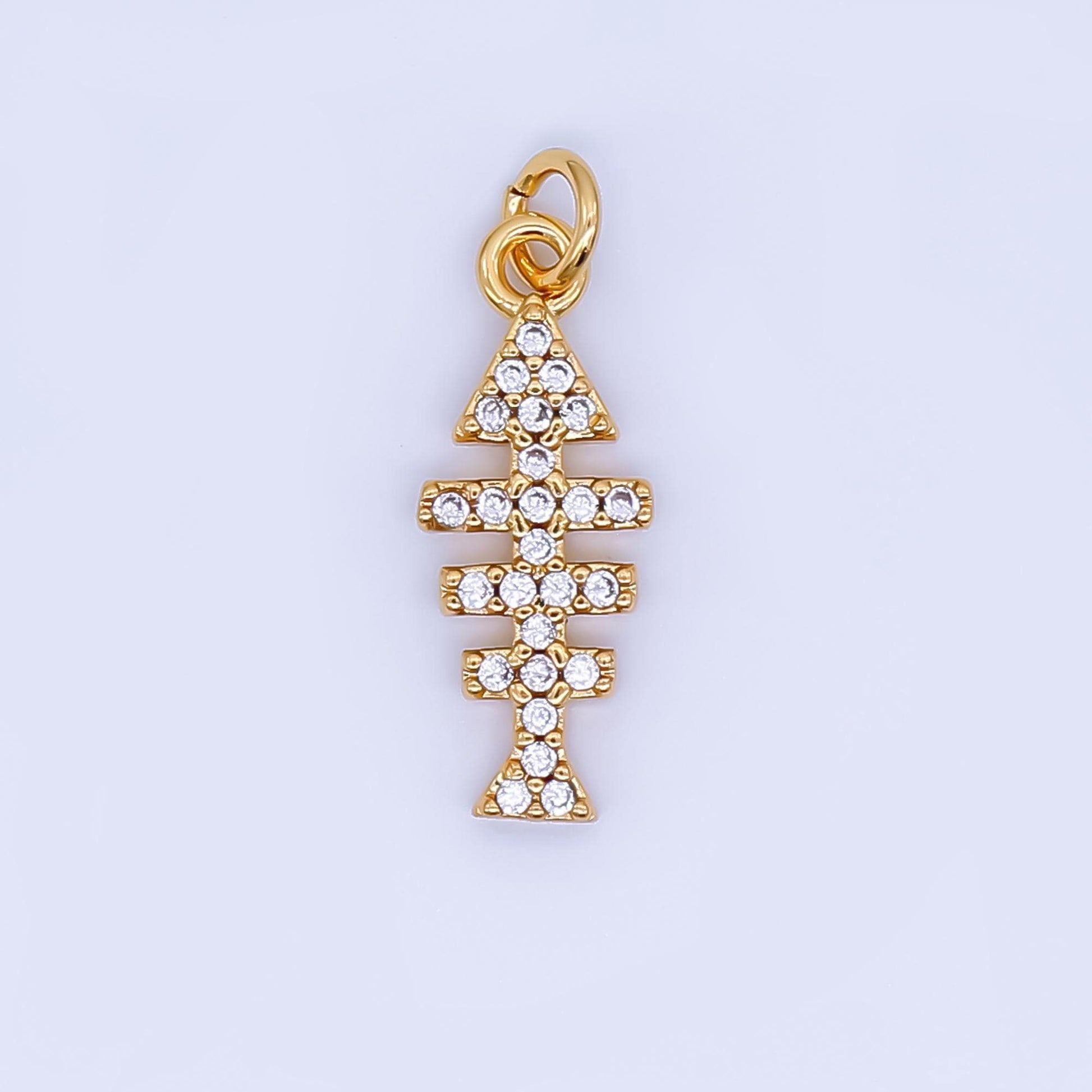 24K Gold Filled Fish Bone Micro Paved CZ Charm Skeleton Fish | AJ-465