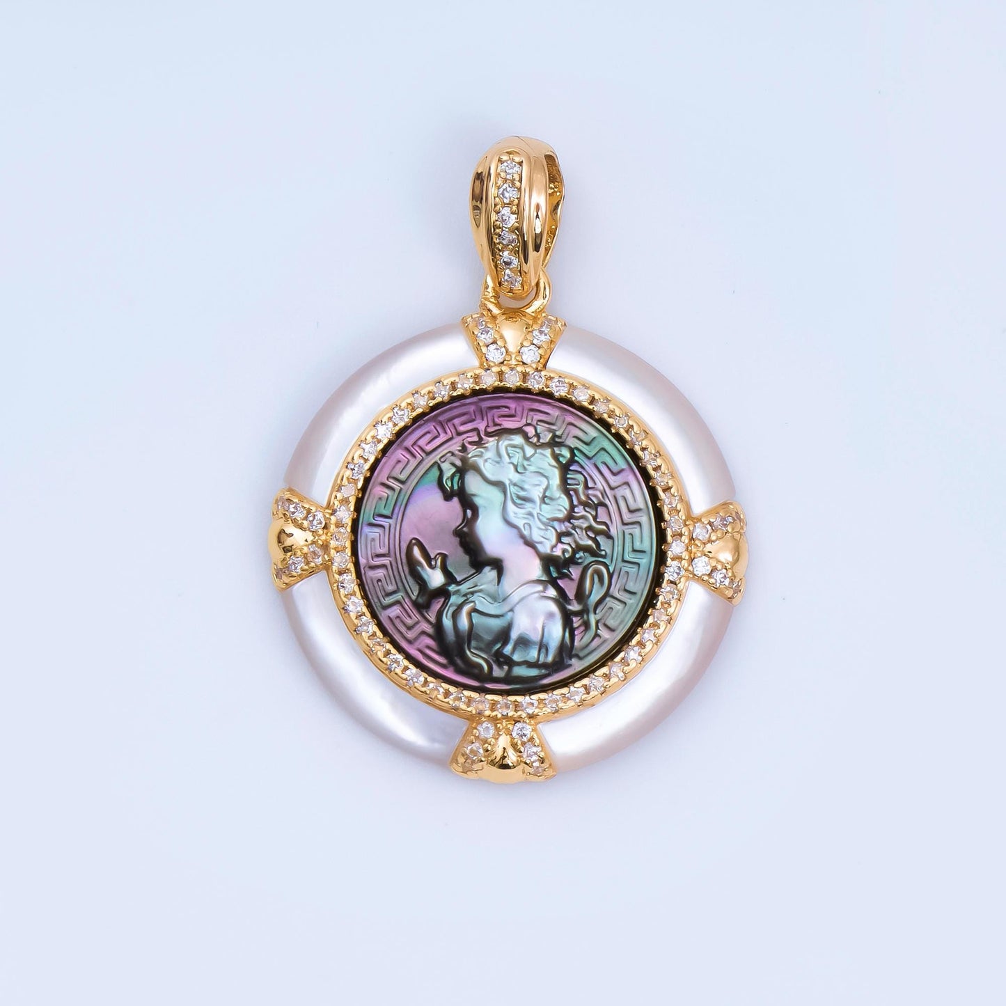 Round Cameo abalone 24k gold filled gemstone Pearl Girl pendant | AH-500