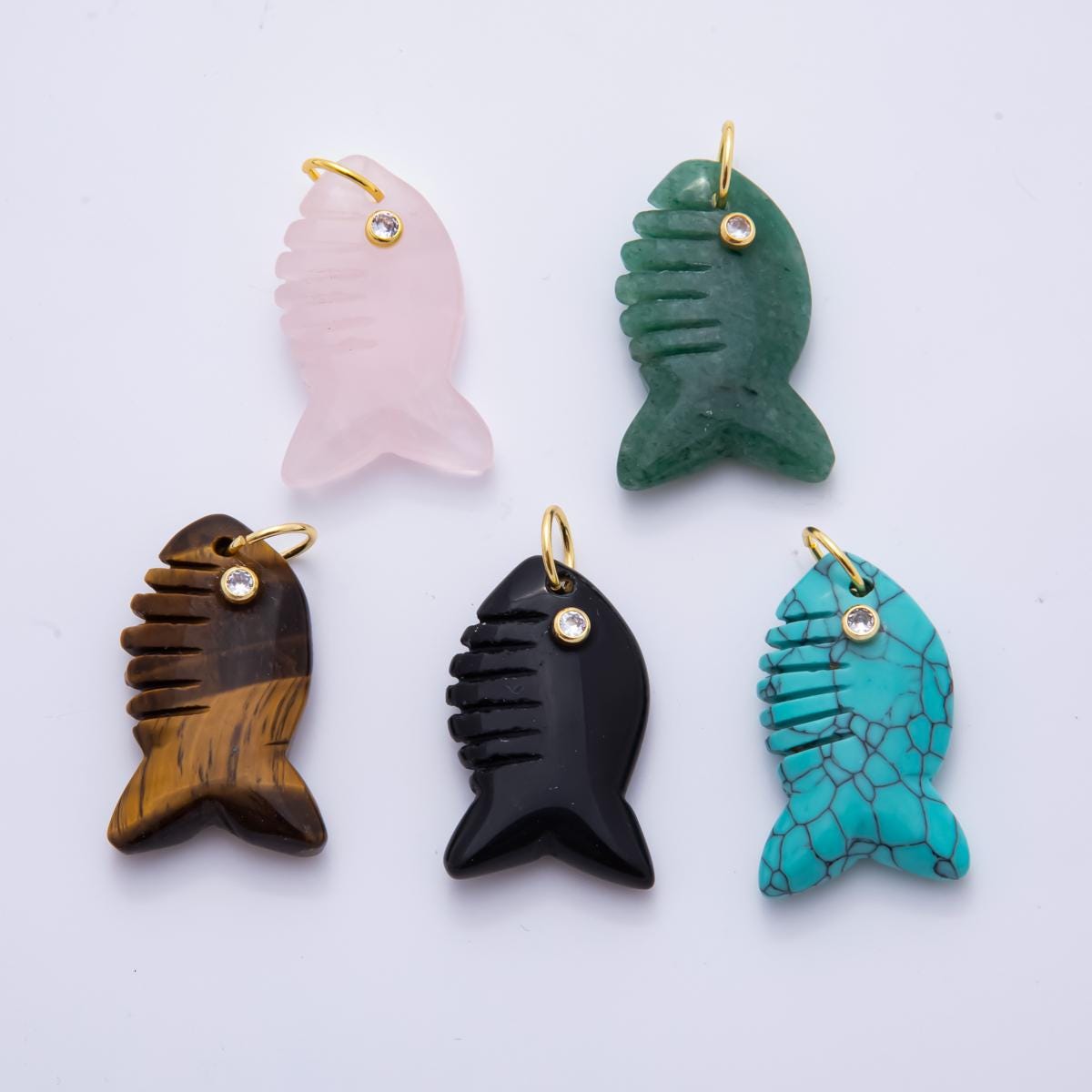 Big Gemstone Shark Pendant Natural Stone Fish Animal Charm for Jewelry Making Supply 18k Gold Filled Charm Cord Scarf Necklace AH-884