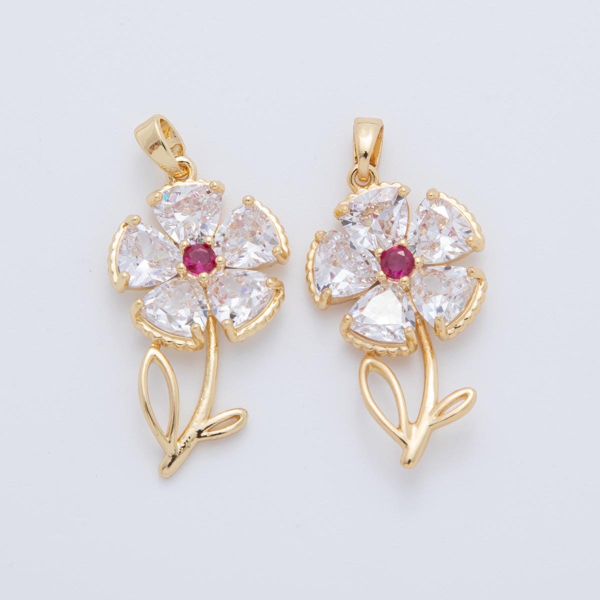 18K Gold Filled Pink, Clear CZ Flower Plant Pendant | AH778